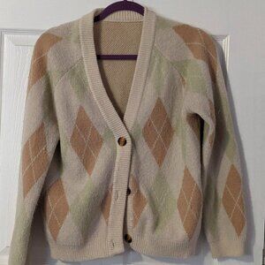 Womens Pink Cream and Green Argyle Button Up Sweater